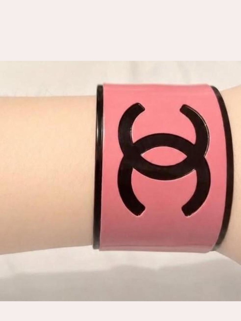 CHANEL Pink Wide Cuff Bracelet with Black Logo